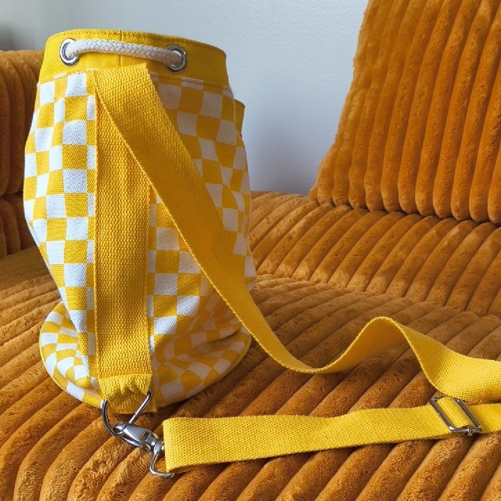 Teddy Fresh Yellow and White Checker Crossbody with Pink Flower Patch - Picture 5 of 12